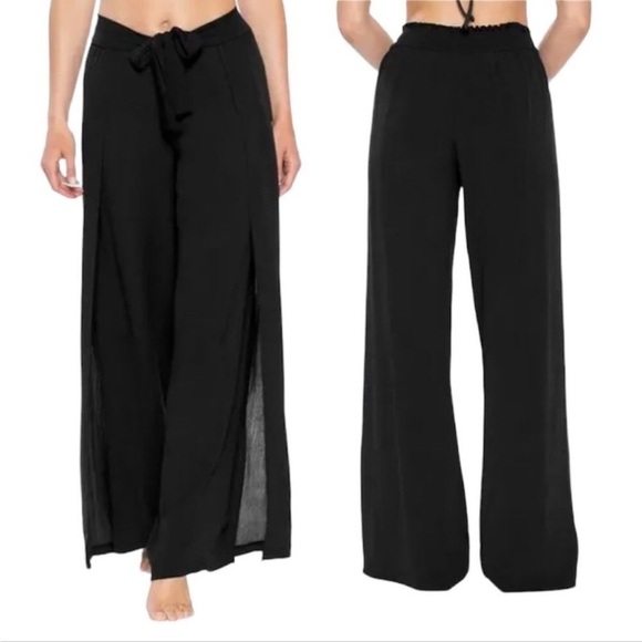 Becca Gauzy Rayon Beach Cover Up Pants Open Leg Large Black - Picture 1 of 11